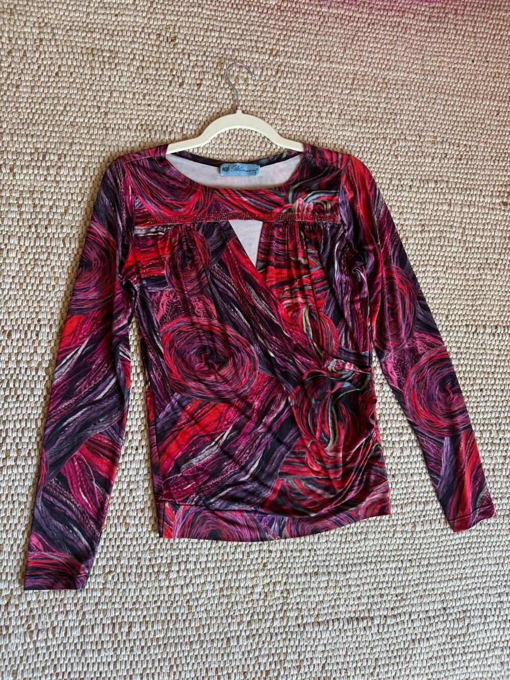 Blumarine Red Rose Abstract Print Wrap Top Key Hole Euro Dark Romantic Y2K VTG S